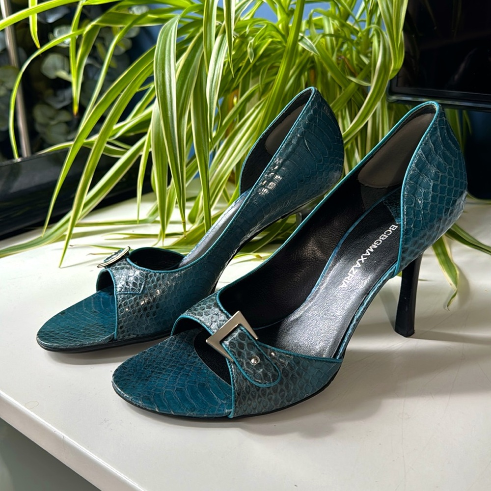 Vintage Y2K BCBGMAXAZRIA Blue Tourmaline Python Open-Toe Pump w/ Buckle | Size 6